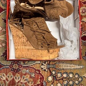 Hot Tomato Brown Suede Fringe Cork Wedge Sandals - Size 12